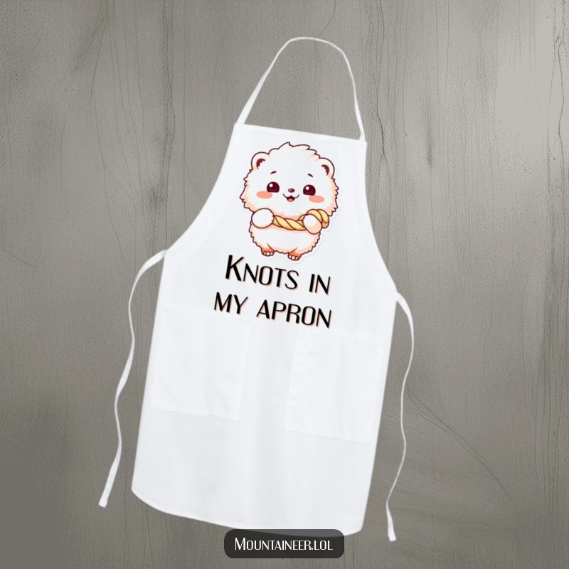 Funny apron depicting a fluffy creature with a cheerful grin, holding a coiled rope, designed for kitchen protection with a humorous, playful style.