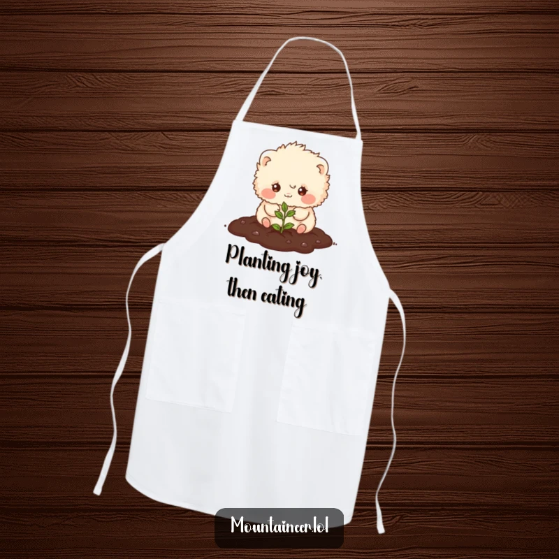 Funny apron depicting a small, fluffy creature happily planting a seed, designed for kitchen protection with a humorous and cute aesthetic.