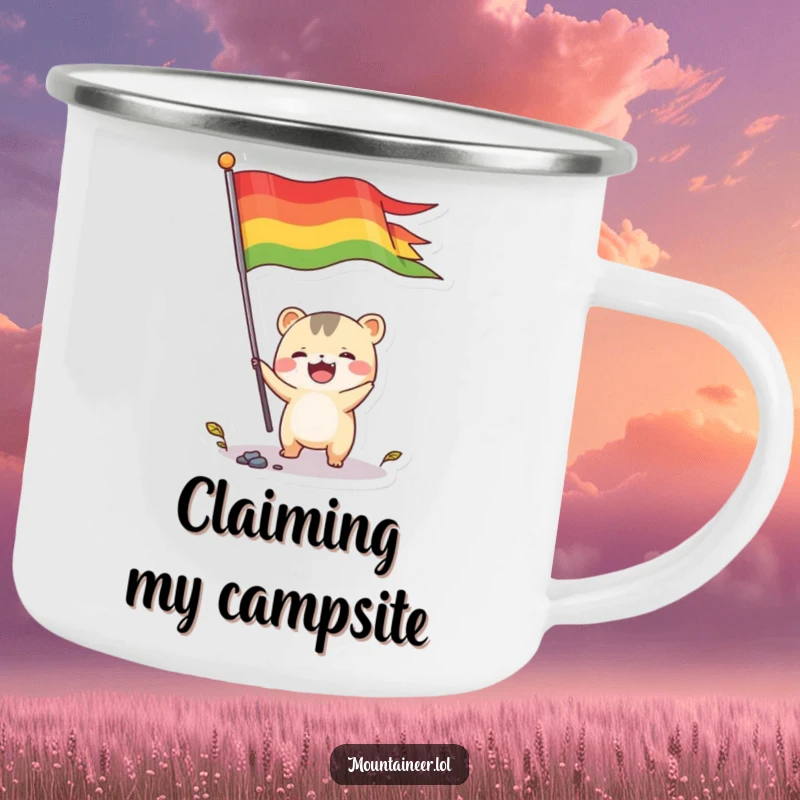 Funny camping mug showing a small, energetic creature joyfully planting a colorful flag, designed for outdoor use with a humorous, celebratory theme.