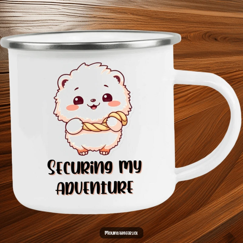 Funny camping mug showing a fluffy creature with a cheerful grin holding a coiled rope, designed for outdoor use with a humorous, adventurous theme.
