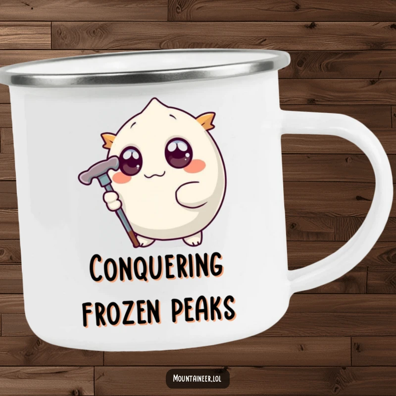 Funny camping mug showing a round creature with wide eyes holding a stylized ice pick, designed for outdoor use with a humorous, adventurous theme.