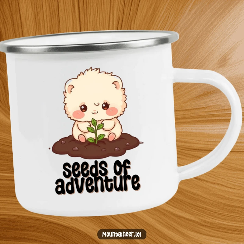 Funny camping mug featuring a small, fluffy creature happily planting a seed, designed for outdoor use with a humorous and cute theme.