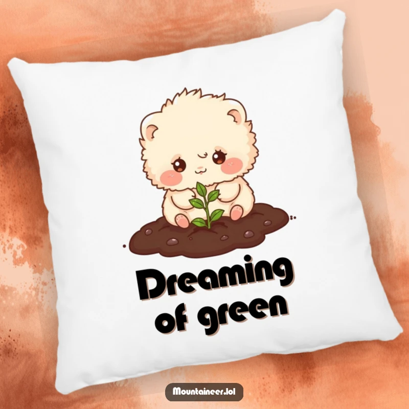 Funny pillow showcasing a small, fluffy creature with a happy grin, planting a tiny seed, designed for comfort and humorous decor.