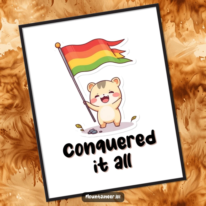 Funny digital art print of a small, energetic creature joyfully planting a colorful flag, perfect for instant, humorous wall decor.