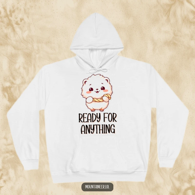 Funny hoodie depicting a fluffy creature with a cheerful grin, holding a coiled rope, designed for warmth and humorous appeal.