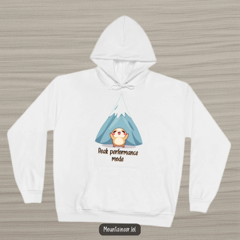 Funny hoodie depicting a creature looking up enthusiastically at a snow-capped mountain peak, designed for warmth and inspirational appeal.