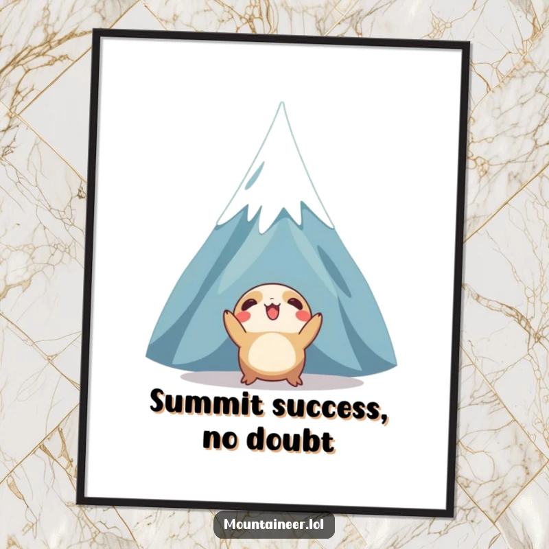 Funny Free Printable Wall Art: A creature gazing enthusiastically up at a massive, snow-capped mountain peak, symbolizing ambition.