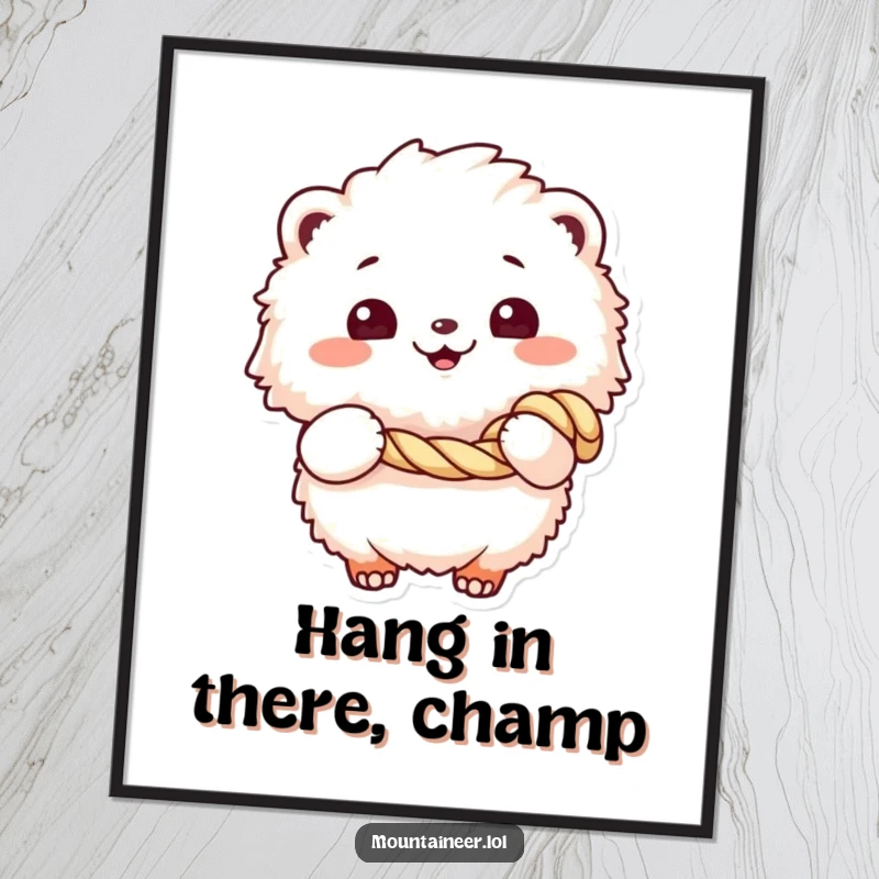 Funny Free Printable Wall Art: A cheerful fluffy creature holding a coiled rope, ready for adventure and a good laugh.