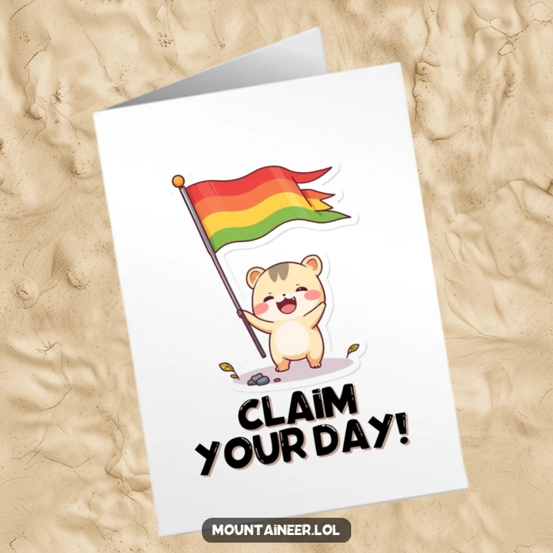 Funny Free Printable Birthday Card: energetic creature planting a colorful flag, celebrating milestones with humor.