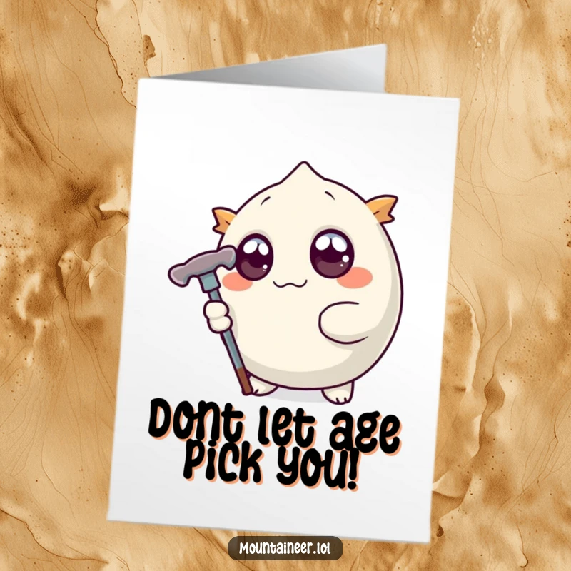 Funny Free Printable Birthday Card featuring a round creature with wide eyes wielding an ice pick, ready for a cool celebration.