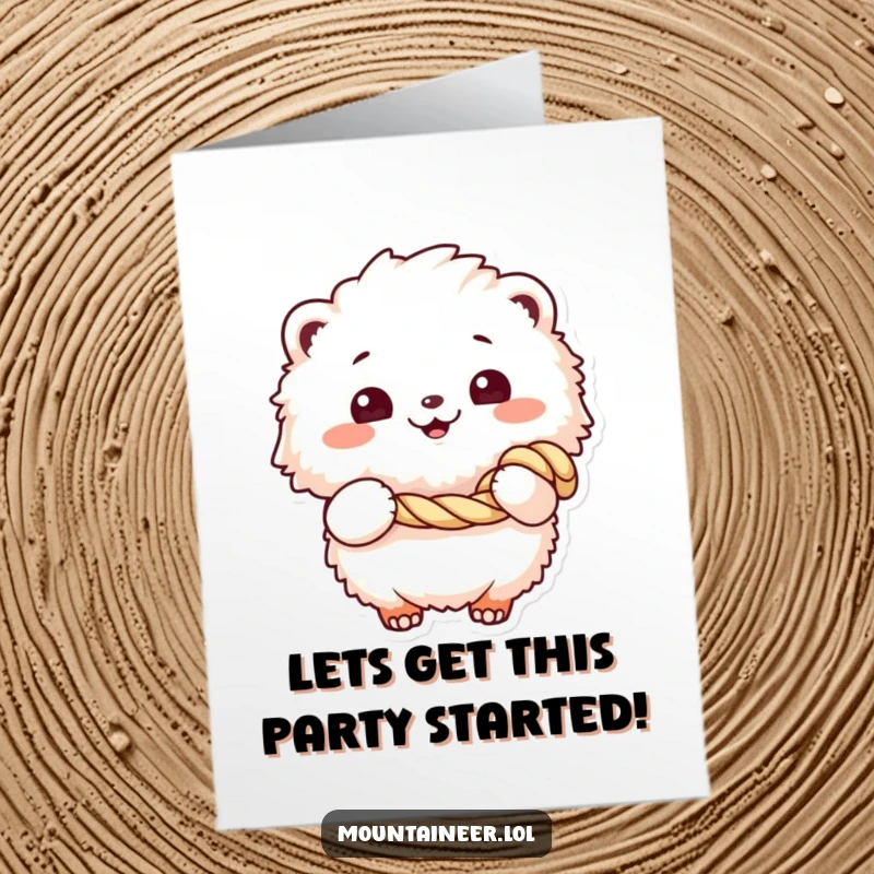 Funny Free Printable Birthday Card featuring a cheerful, fluffy creature holding a coiled rope, ready for action and celebrations.