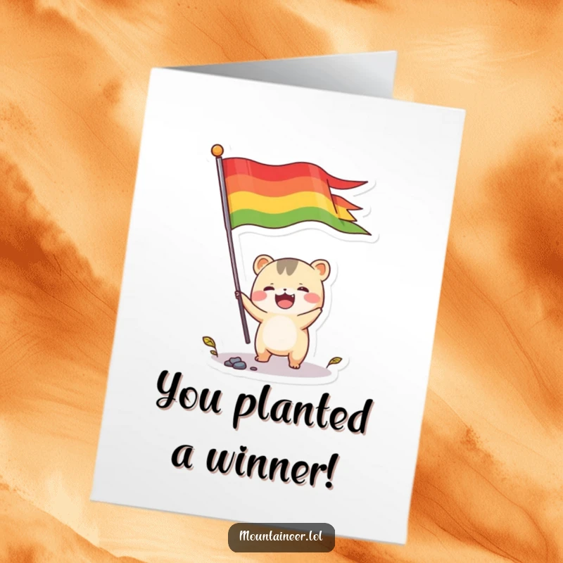 Funny Free Printable Congratulations Card: small energetic creature joyfully plants a colorful flag, marking a great achievement.