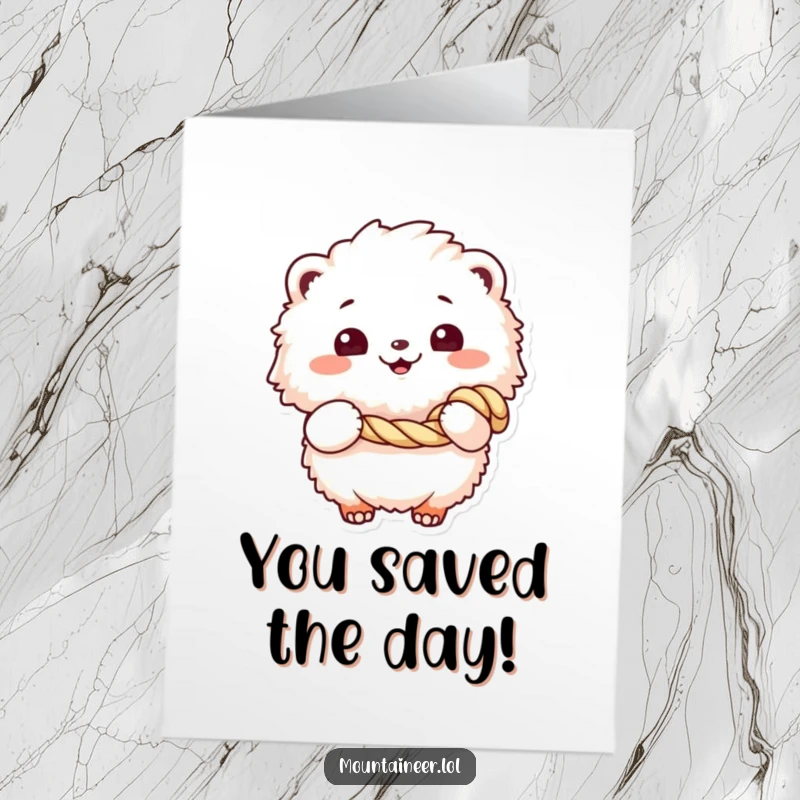 Funny Free Printable Congratulations Card of a fluffy creature smiling and holding a coiled rope, symbolizing seizing opportunities.