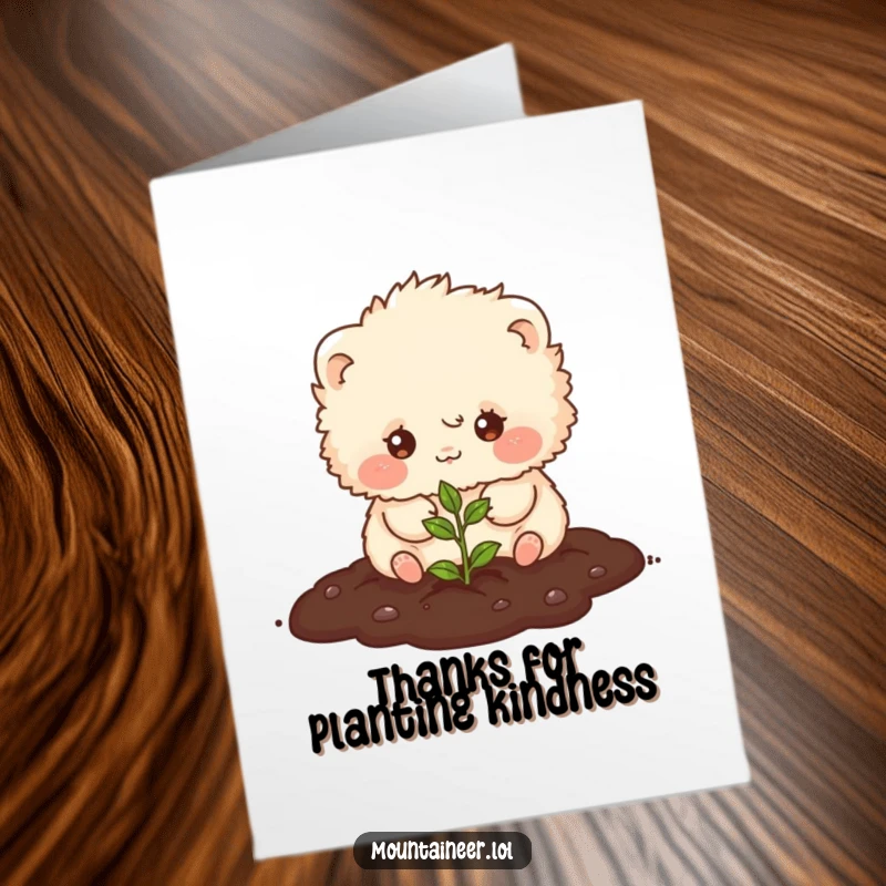 Funny Free Printable Thank You Card with a fluffy creature planting a seed, conveying thanks with a touch of humor.