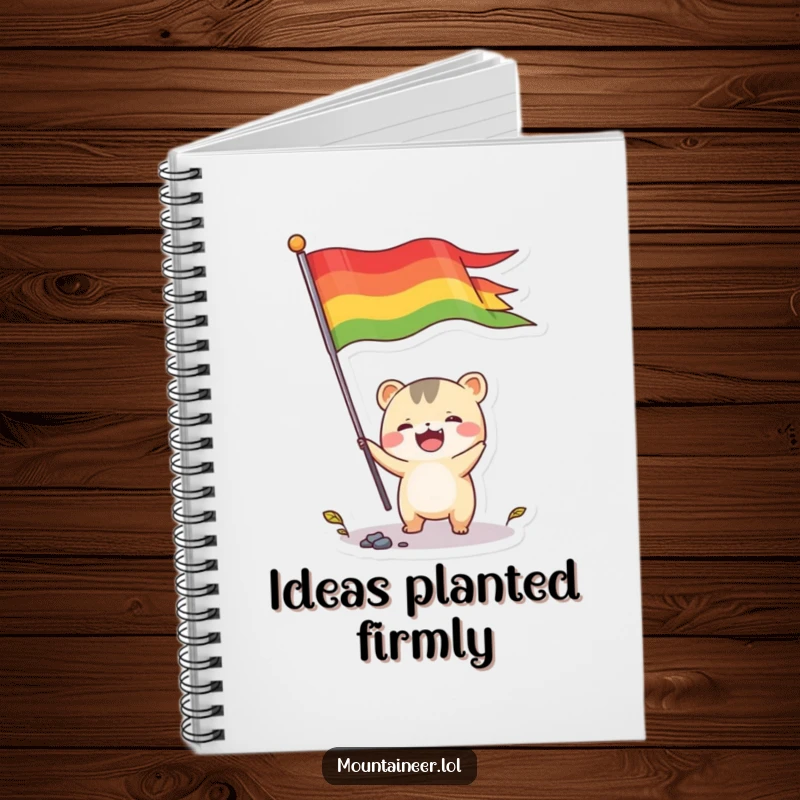 Funny notebook featuring a small, energetic creature joyfully planting a colorful flag, ideal for jotting down notes with a humorous, celebratory edge.