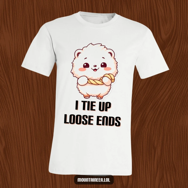 Funny t-shirt featuring a fluffy creature with a beaming smile, holding a coiled rope, symbolizing preparedness and playful energy.