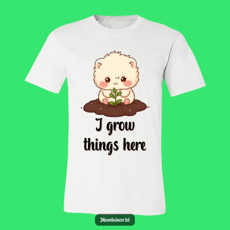 Funny Fluffy Gardener T-Shirt: Cute Creature Smiling While Planting a Seed, Cool Gift