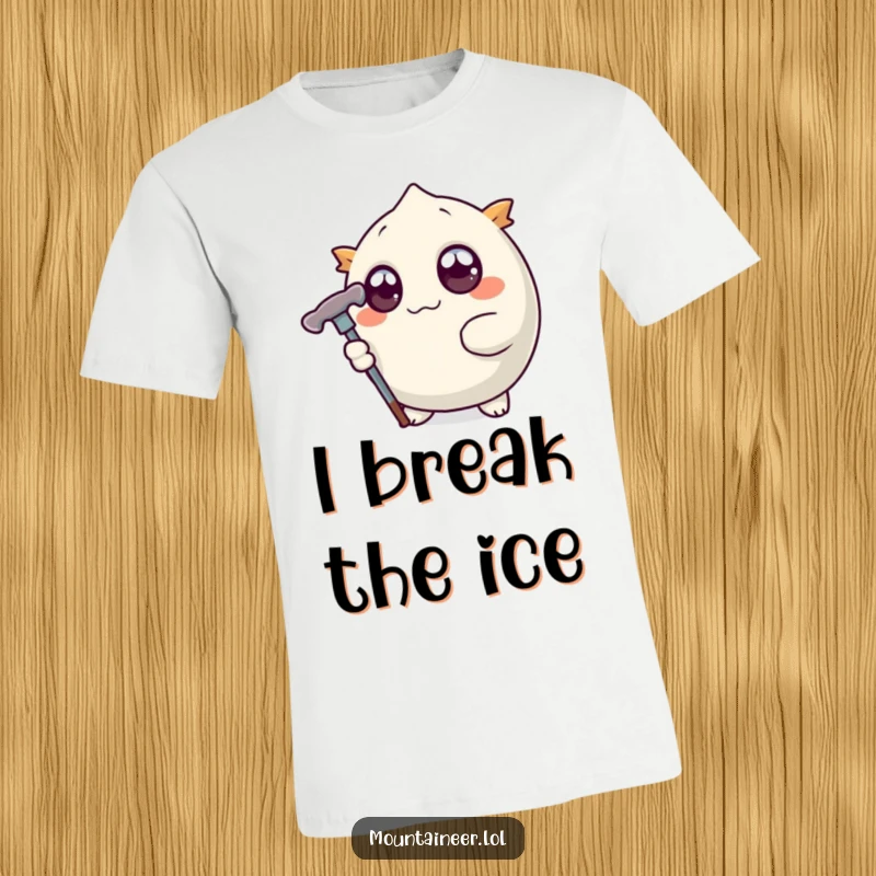 Funny t-shirt featuring a round creature with enormous eyes firmly holding a stylized ice pick, embodying courage and quirky determination.