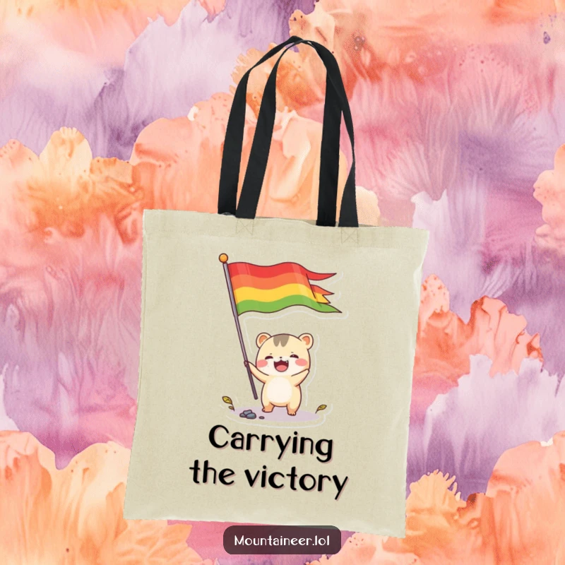 Funny tote bag featuring a small, energetic creature joyfully planting a colorful flag, ideal for carrying essentials with a humorous, celebratory flair.