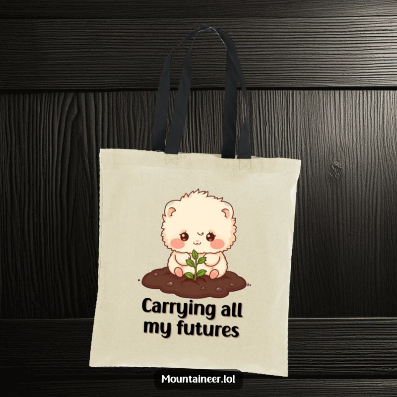 Funny tote bag illustrating a small, fluffy creature happily planting a seed, ideal for eco-friendly shopping with a touch of humor.