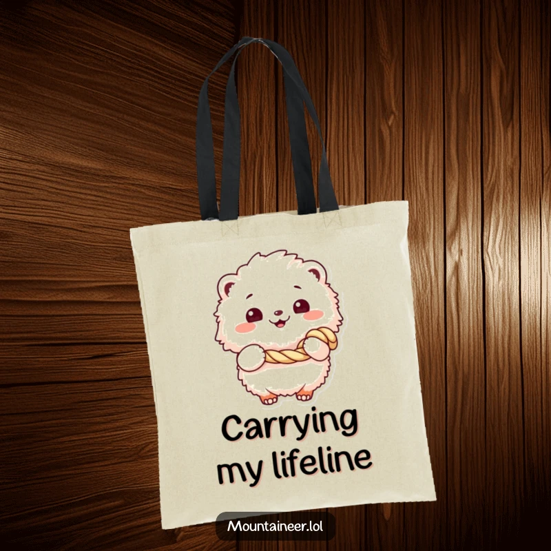 Funny tote bag featuring a fluffy creature with a cheerful grin, holding a coiled rope, ideal for carrying essentials with a humorous, adventurous flair.
